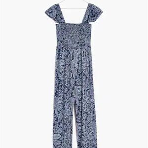 Madewell Blue Paisley Smocked Jumpsuit